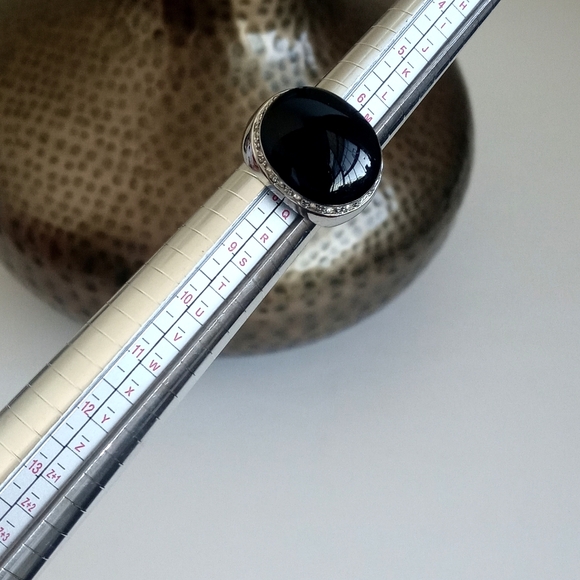 Vintage Onyx Cabochon & Rhinestone Art Deco Ring Size 7 - Picture 11 of 16